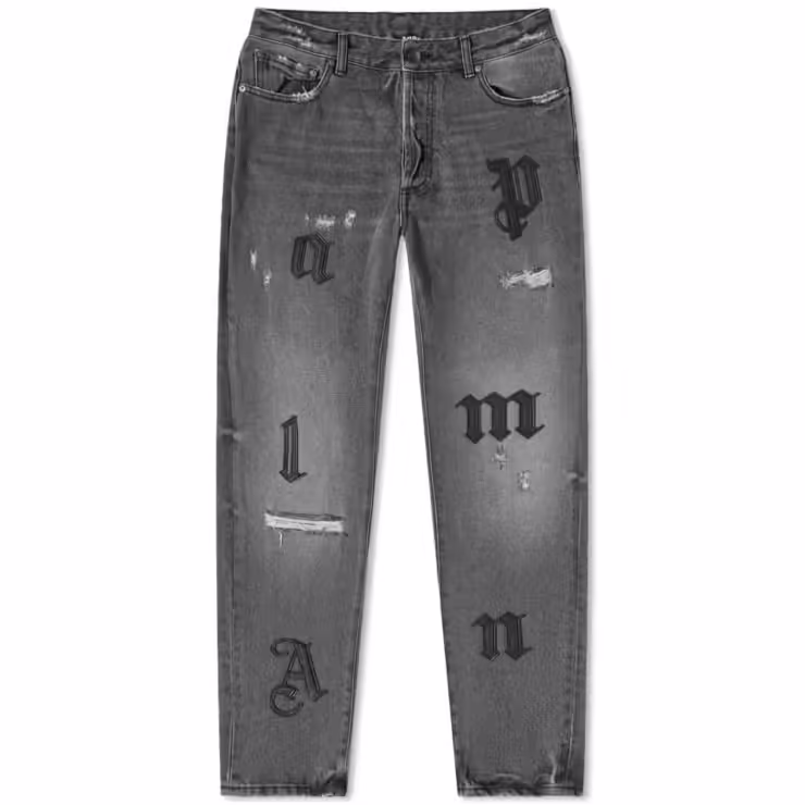 Palm Angels Distressed Logo Patch Jeans 'Medium Grey'